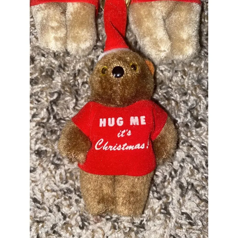 New NOS Lot Of 8 Vintage Plush Bear Ornament Merry Christmas Honey Bear 4 Inch